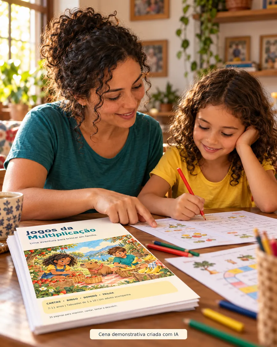 Mãe e filha fazendo uma página do kit à mesa, com lápis de cor